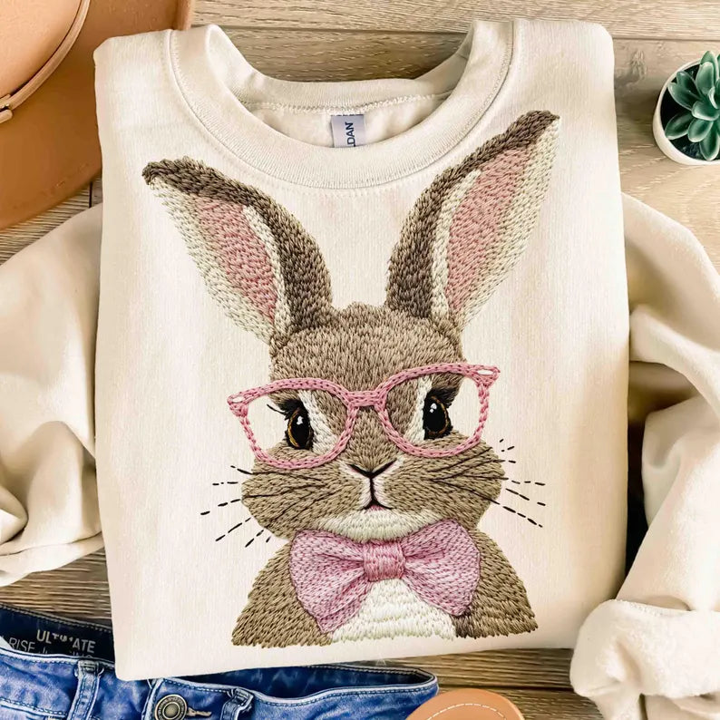Vintage Inspired faux Embroidery Bunny- Easter (tshirt/long sleeve or sweatshirt -option)