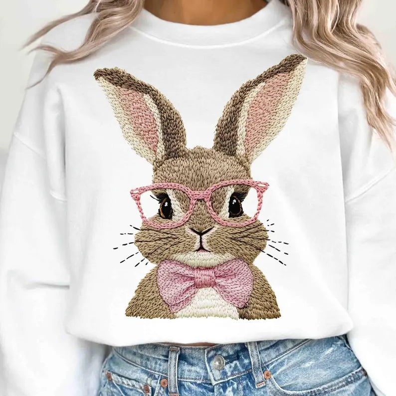 Vintage Inspired faux Embroidery Bunny- Easter (tshirt/long sleeve or sweatshirt -option)