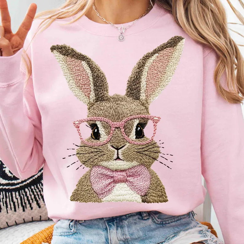 Vintage Inspired faux Embroidery Bunny- Easter (tshirt/long sleeve or sweatshirt -option)