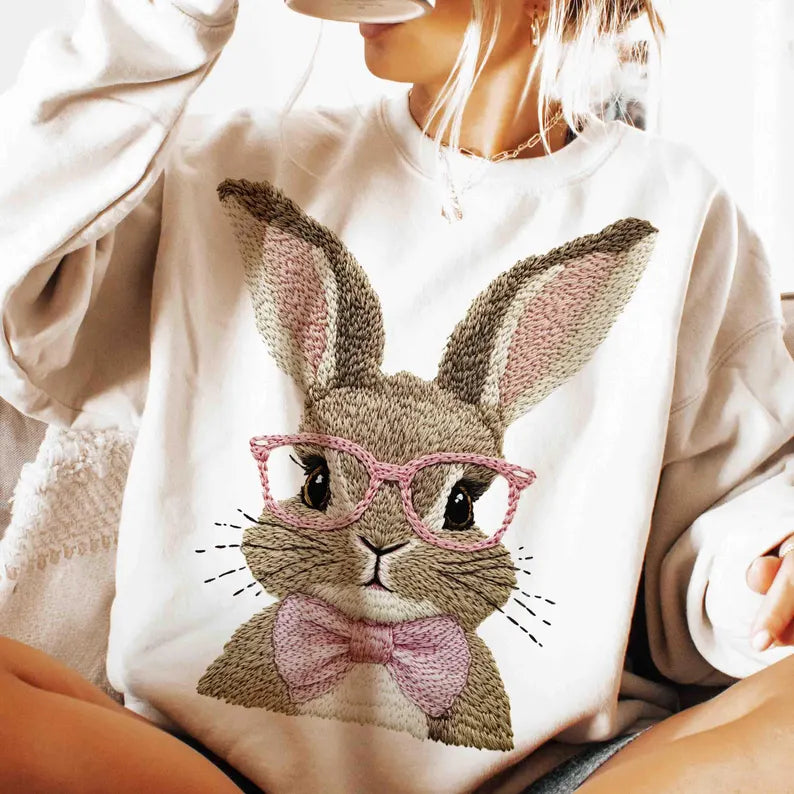 Vintage Inspired faux Embroidery Bunny- Easter (tshirt/long sleeve or sweatshirt -option)