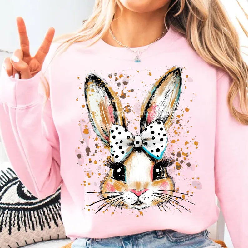 Coquette Bunny- Bow Easter Glitter Brushstroke Girls Kids Easter Design (tshirt/long sleeve or sweatshirt -option)