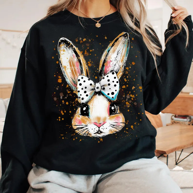 Coquette Bunny- Bow Easter Glitter Brushstroke Girls Kids Easter Design (tshirt/long sleeve or sweatshirt -option)