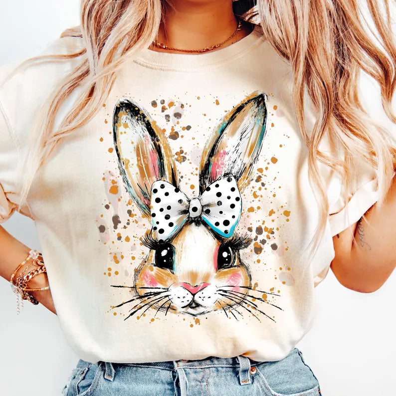 Coquette Bunny- Bow Easter Glitter Brushstroke Girls Kids Easter Design (tshirt/long sleeve or sweatshirt -option)
