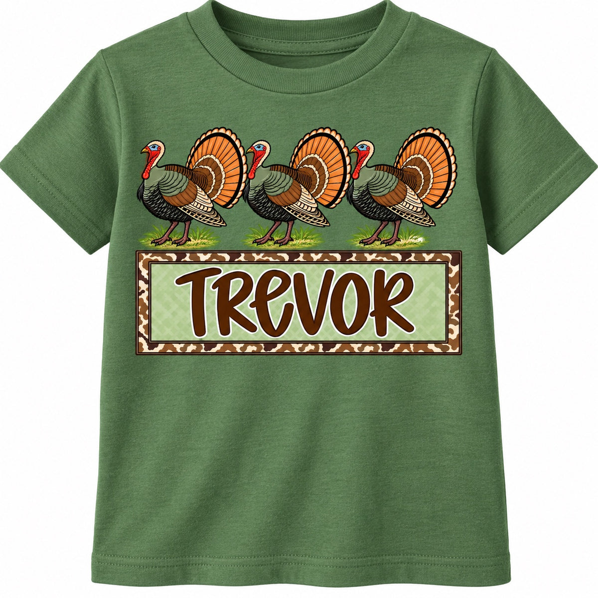 Green kids shirt with three turkeys and personalized name Trevor