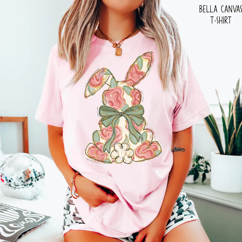 Pink & Green Floral Easter Shirt, Coquette Bow Shirt Spring Easter Bella Canvas