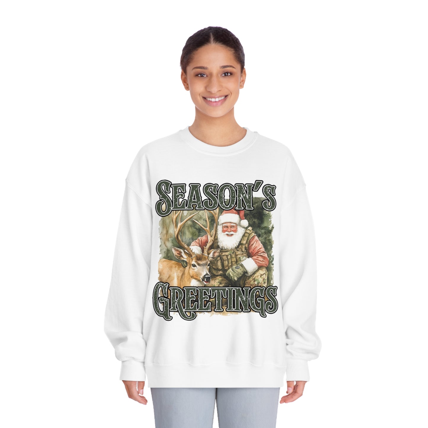 Seasons Greetings-Deer-Santa Mens Crewneck Sweatshirt