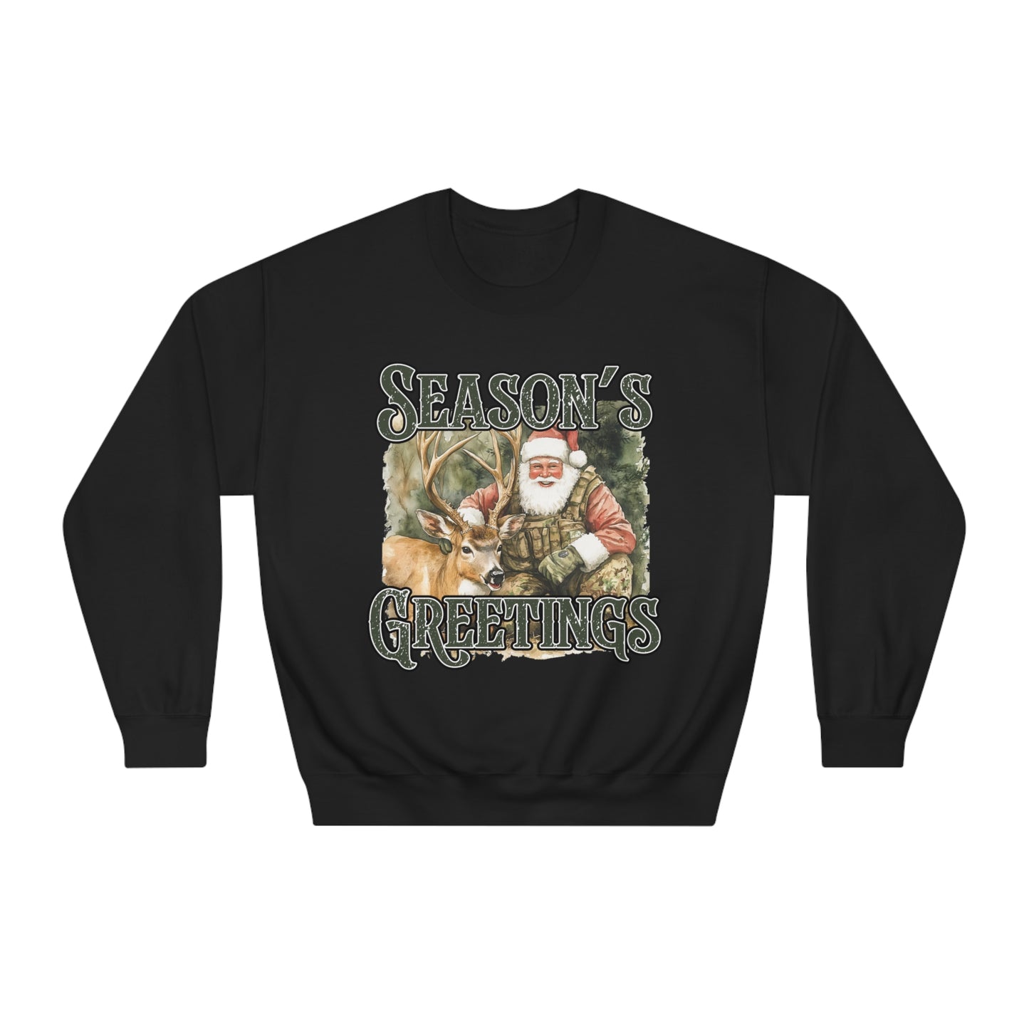 Seasons Greetings-Deer-Santa Mens Crewneck Sweatshirt