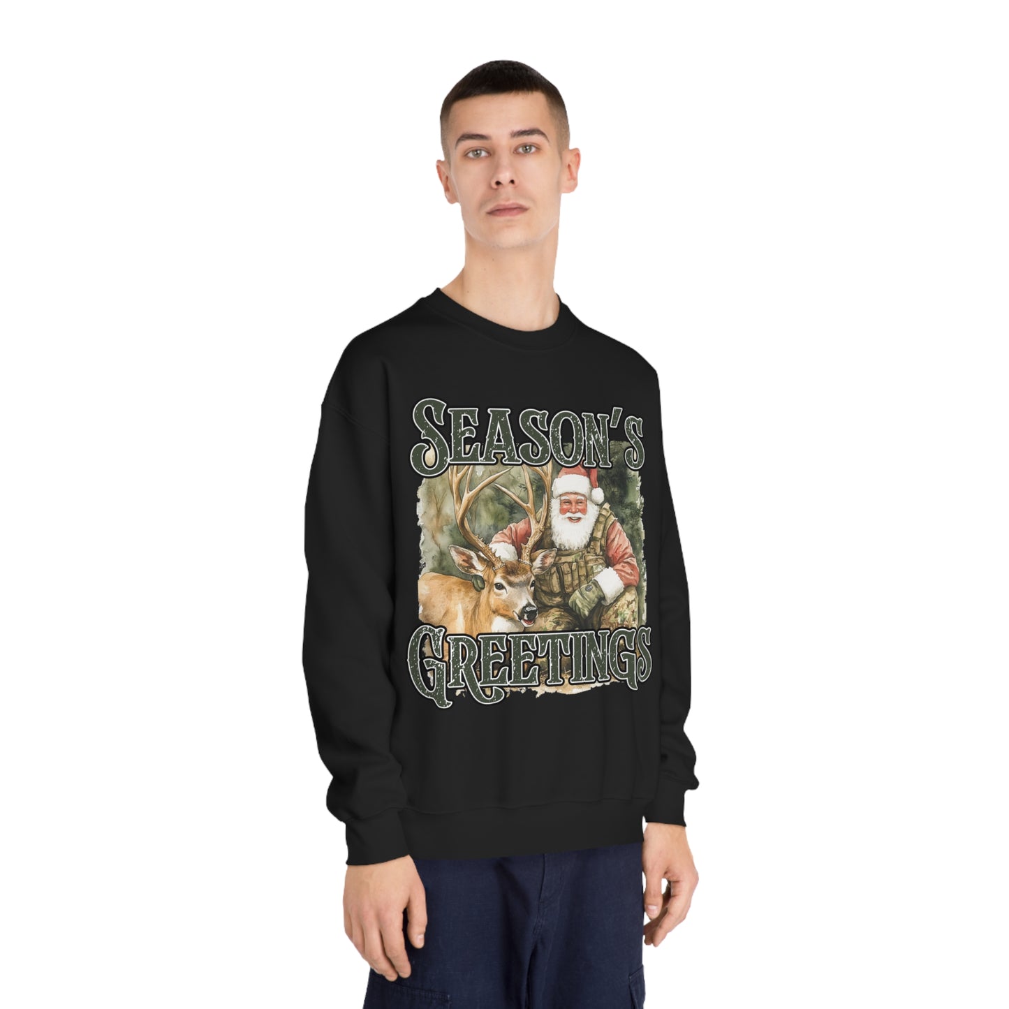 Seasons Greetings-Deer-Santa Mens Crewneck Sweatshirt