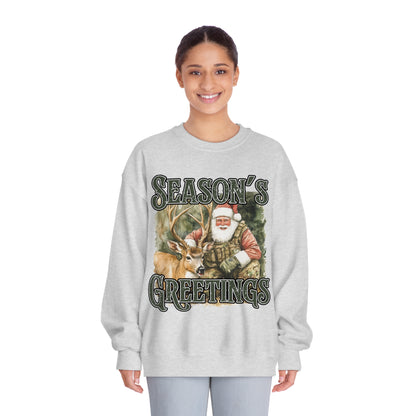 Seasons Greetings-Deer-Santa Mens Crewneck Sweatshirt