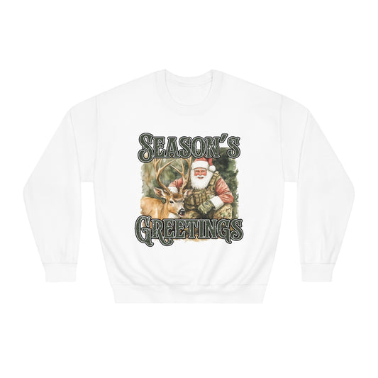 Seasons Greetings-Deer-Santa Mens Crewneck Sweatshirt