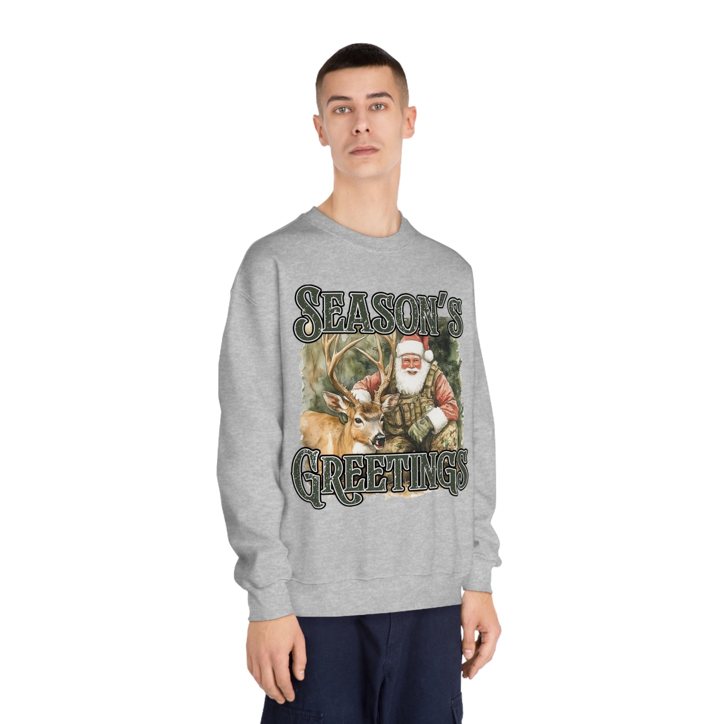 Seasons Greetings-Deer-Santa Mens Crewneck Sweatshirt