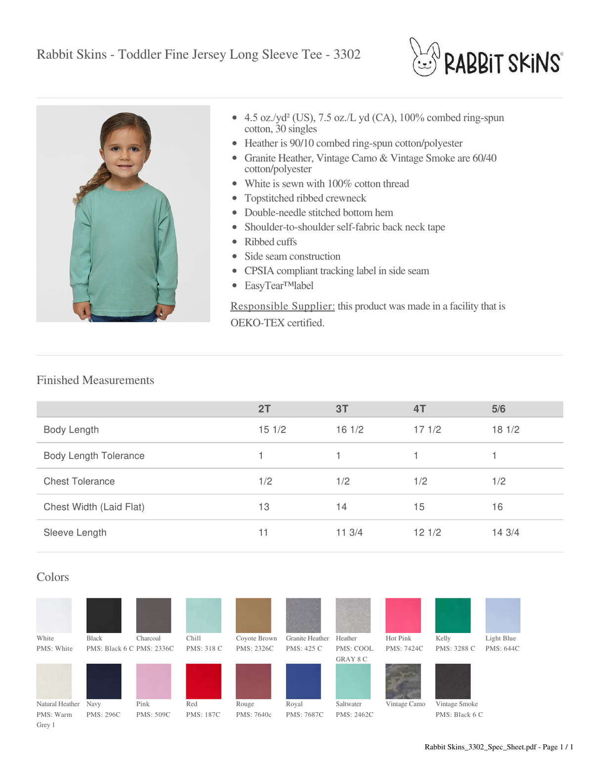 Rabbit Skins 3302 toddler long sleeve tee size and color chart