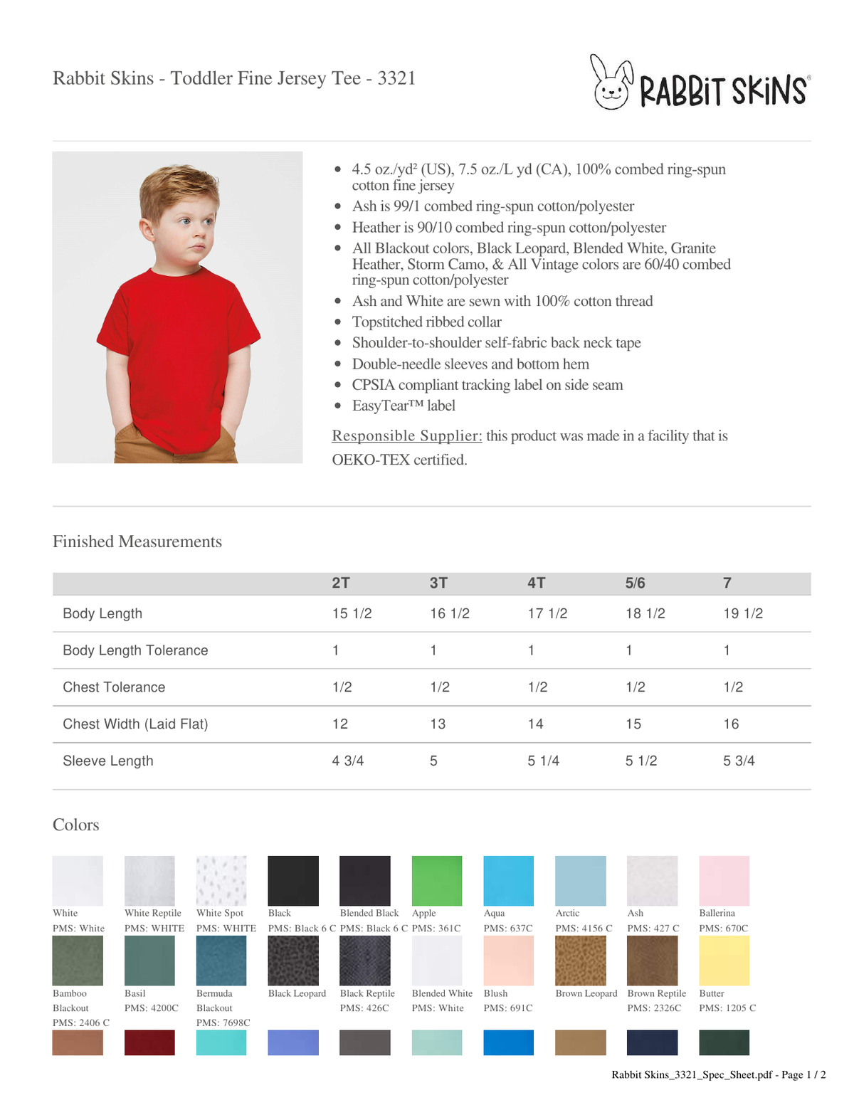 Rabbit Skins 3321 toddler tee size and color chart page 1