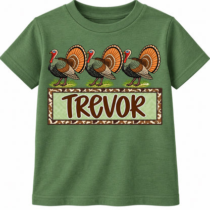 Green kids shirt with three turkeys and personalized name Trevor