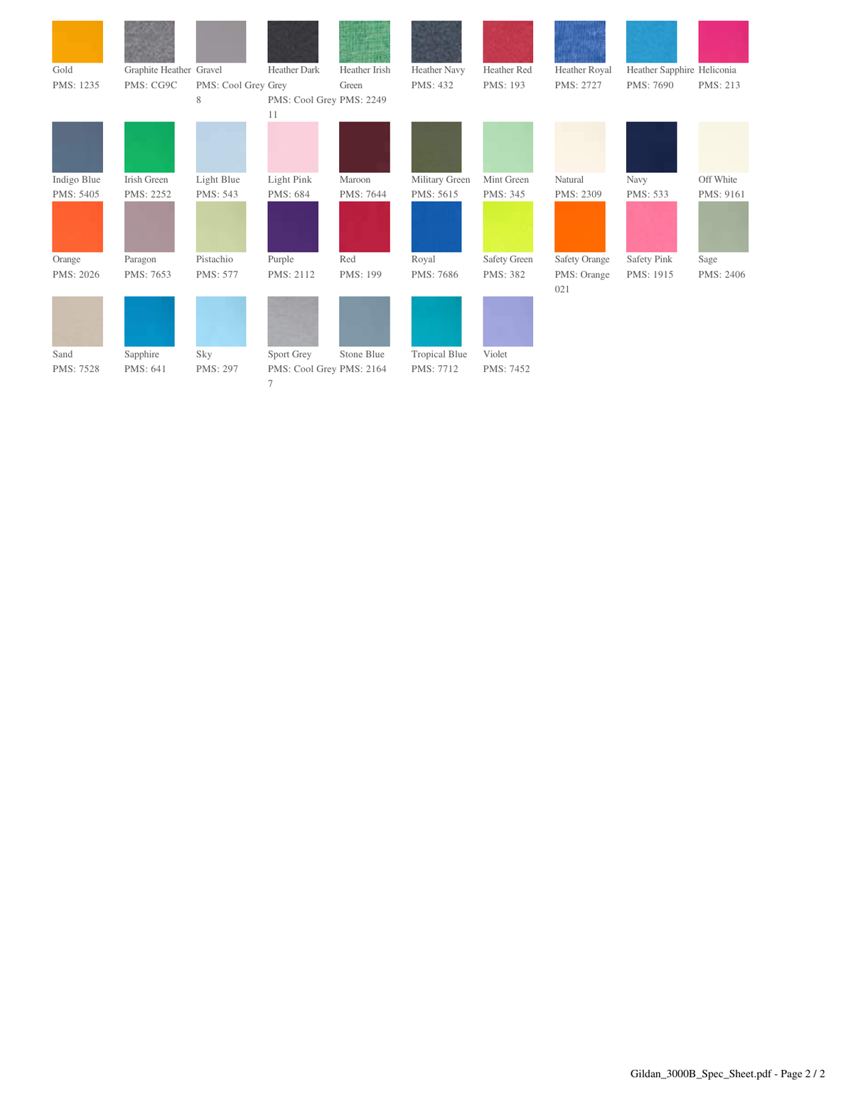 Gildan Youth Light Cotton T-Shirt 3000B additional color chart