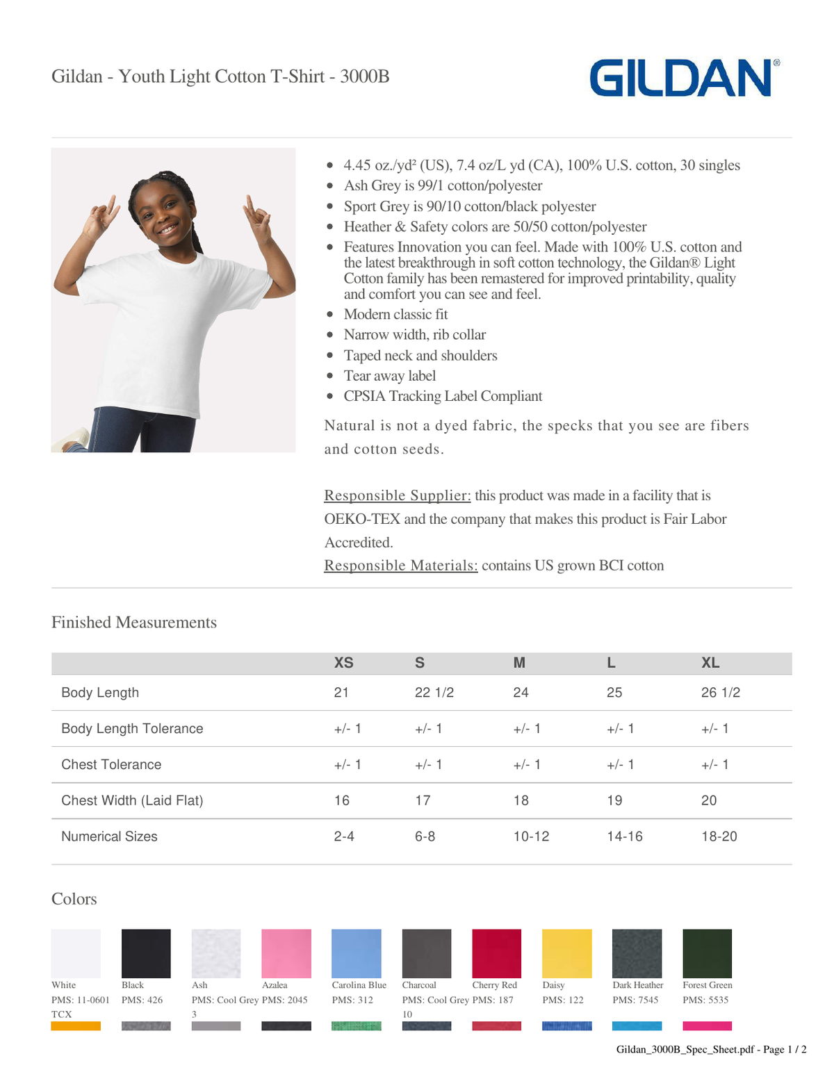 Gildan Youth Light Cotton T-Shirt 3000B size chart and color chart
