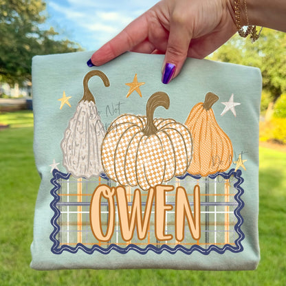Personalized fall pumpkin shirt in sage green with custom name